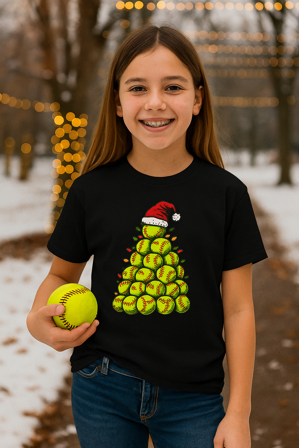 Softball Christmas Tree Festive Santa Hat Tee